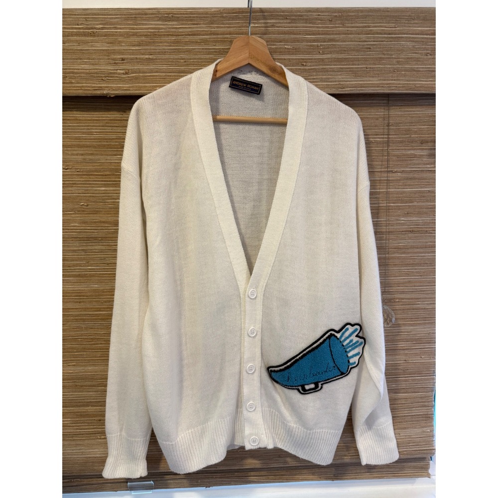 Andrew Rohan Vintage Cheerleader Cardigan Sweater White Blue Megaphone Patch USA